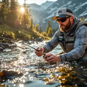 Fly fishing expert demonstrates euro nymphing technique in a mountain stream using one of the best comp nymphing lines, with visible tri-color sighter section against clear water.