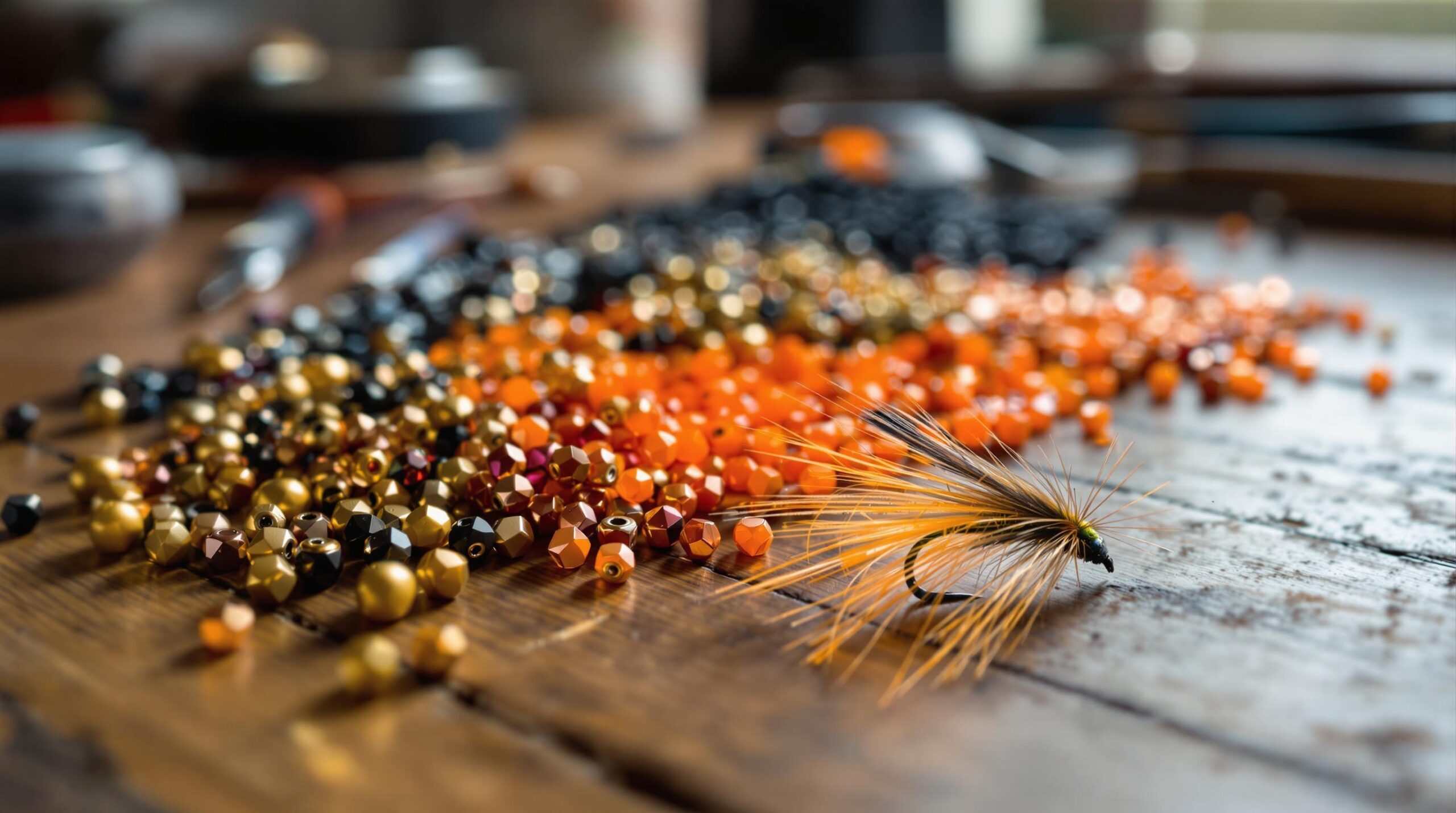  Various colorful best tungsten beads for nymphing arranged on a wooden fly tying desk, with some beads threaded onto hooks forming partial nymph flies and a completed tungsten bead head nymph in the foreground. 