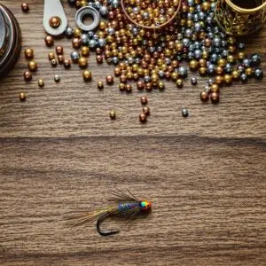 Neatly organized fly tying desk showcasing colorful best tungsten beads for nymphing, with partially completed fly and essential tying tools on wooden surface.