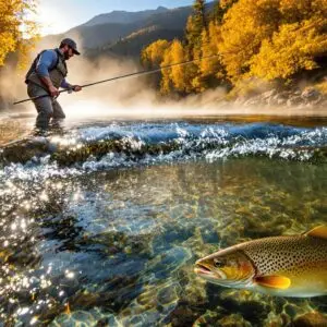 Fly fisherman practicing current seam nymphing technique in a mountain stream at sunrise, standing where fast and slow waters create a visible foam line where a wild brown trout hovers nearby.