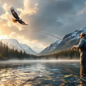 Fly fisherman casting in a crystal-clear Alaskan river during golden hour, with rainbow trout visible, snow-capped mountains and evergreens in background, and a bald eagle soaring overhead. Fly fishing in Alaska at its most picturesque.