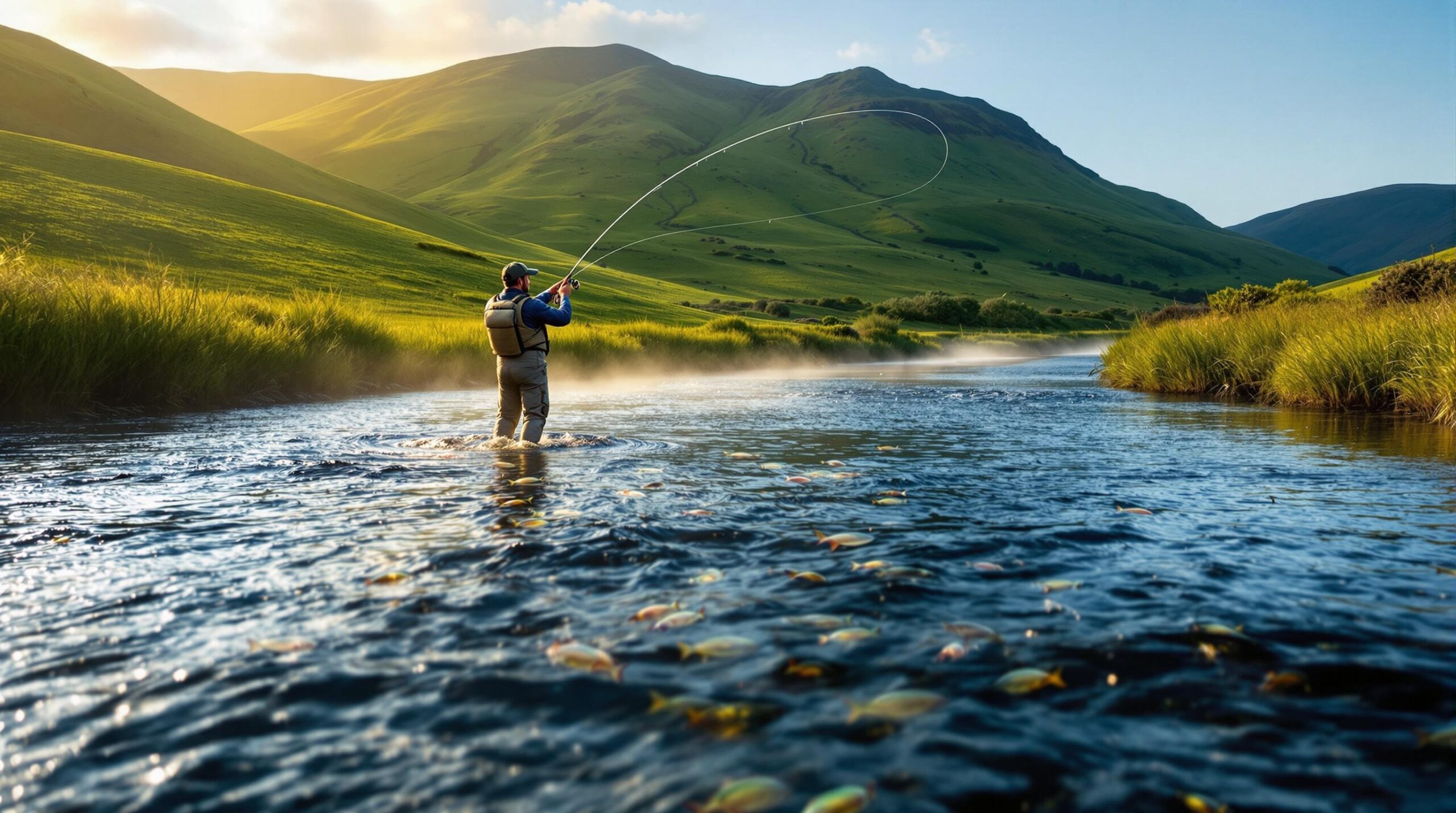  Angler fly fishing in Ireland's serene river at golden hour, casting line over clear waters with mist rising amid verdant countryside and distant mountains. 