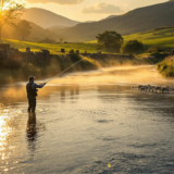 A silhouetted angler fly fishing in Ireland at golden hour casting a line over a misty crystal clear river surrounded by lush green countryside and rolling hills