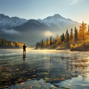 A silhouette of a fly fisherman casting in the golden light of sunrise on a crystal-clear Montana river, with trout swimming below and misty mountains in the background. Fly fishing in Montana at its most beautiful.