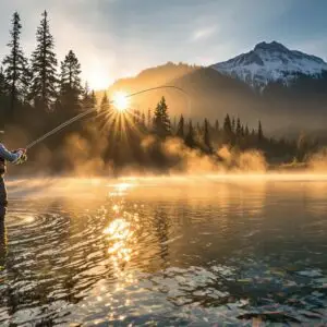 A silhouetted fly fisherman casting a line in Oregon's Deschutes River at golden hour, with mountains in the background and trout visible in the clear water. Mist rises as sunlight filters through pine trees. #fly fishing in Oregon