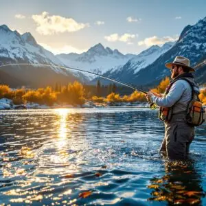 Fly fisherman casting in crystal clear waters of Wyoming's North Platte River at sunset, with snow-capped mountains and autumn foliage showcasing prime fly fishing in Wyoming.