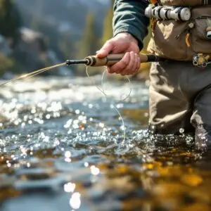 Skilled angler demonstrates euro nymphing tools and techniques while wading in a sunlit mountain stream, using specialized rod, colorful leader, and organized vest of essential supplies.