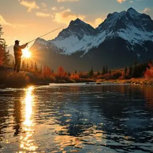 Silhouetted angler fly fishing in Colorado's mountain river at sunset, with snow-capped peaks reflected in clear water surrounded by autumn foliage.