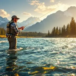 Fly fishing in Idaho: Angler casting in a crystal-clear mountain river at golden hour, with pine forests and snowcapped peaks in the background, and trout visible beneath the sun-dappled water surface.
