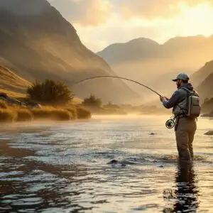 Angler casting a fly rod in a pristine Scottish river during golden hour, with misty Highland mountains and sunset reflections on the water, exemplifying the serene beauty of fly fishing in Scotland.
