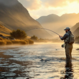 Angler casting a fly rod in a pristine Scottish river during golden hour with misty Highland mountains and sunset reflections on the water exemplifying the serene beauty of fly fishing in Scotland