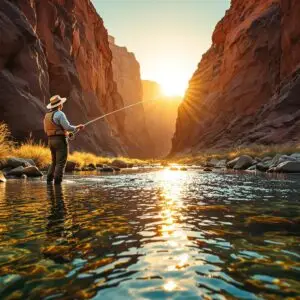 Angler fly fishing in Utah's Green River during golden hour, casting over clear water with trout visible beneath, surrounded by dramatic red rock canyons.