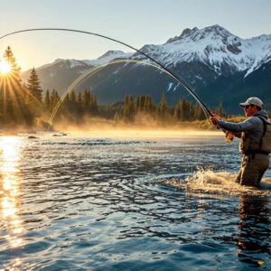 Silhouette of a fly fisherman casting in the golden-lit waters of Yakima River with snow-capped Cascades and evergreen forests exemplifying the serenity of fly fishing in Washington state.
