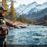 Professional angler comparing different fly rod weights while fly fishing in a mountain stream