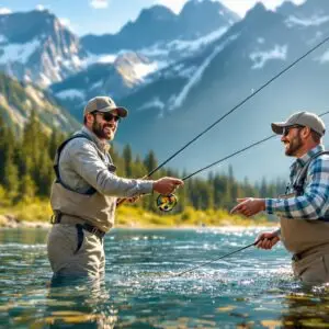 A fly fishing guide teaching a client in a scenic mountain river setting. The guide is demonstrating proper casting technique while standing knee-deep in crystal clear water. Majestic mountains rise in the background with lush forest. The client is smiling, wearing waders and holding a fly rod. Morning light creates a golden glow on the water surface. Fly fishing gear and tackle visible nearby on the riverbank. Photorealistic, outdoor adventure photography style.