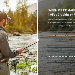 An angler standing by a scenic river holding a 9-foot graphite fly rod, with a split-screen comparison showing graphite vs fiberglass rods. In the background, a travel backpack with fishing gear visible. The image should have a warm, adventurous feel with natural lighting highlighting the details of the fishing rod and the beautiful outdoor setting. Photorealistic style.