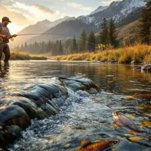 # Image Prompt for Flux-Pro/V1.1-Ultra A serene fly fishing scene at golden hour showing a fisherman standing knee-deep in a clear stream with beautiful riffles. The water temperature gauge is visible (showing optimal 58°F), and fish are visible beneath the surface. The image should feature different fly types (nymph, streamer, and dry fly) artistically represented near the edges. The scene captures the connection between water conditions and fish behavior, with some trout actively feeding in the riffles. Soft, atmospheric lighting shows the interplay between light conditions and fish activity. Style should be photorealistic with slightly enhanced colors to emphasize the beauty of fly fishing.