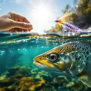 # Image Prompt for Flux-Pro/V1.1-Ultra A split underwater/above water perspective of a trout looking up at a fly fishing lure. The top half shows a fly fisherman's hand delicately presenting a colorful fly (purple or orange) on the water surface. The bottom half reveals a brown trout's eye and perspective underwater, with the fly silhouetted against the sunlight coming through the water's surface. The image should include subtle details showing how the trout perceives color and movement, with a hint of the trout's almost panoramic vision. Realistic, detailed, natural lighting with sun rays penetrating the water surface, creating a magical atmosphere that captures the essence of fly fishing strategy.
