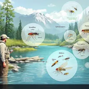# Image Prompt for Flux-Pro/V1.1-Ultra A detailed, educational illustration of a fly fisherman standing in a clear mountain stream, examining aquatic insects. In the foreground, show a magnified view of the four key aquatic insect orders: mayflies (Ephemeroptera), stoneflies (Plecoptera), caddisflies (Trichoptera), and midges (Diptera) in both their larval and adult forms. The insects should be scientifically accurate with labeled parts. The background should feature a serene river ecosystem with lush vegetation. Include a small data visualization showing the EPT Index for water quality assessment. The overall style should be photorealistic with educational elements, using natural lighting and earthy tones to convey the connection between stream entomology and fly fishing.
