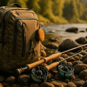 A rugged fly fishing backpack and fly rods resting on river rocks beside a flowing stream at sunset, capturing an outdoor adventure setting.