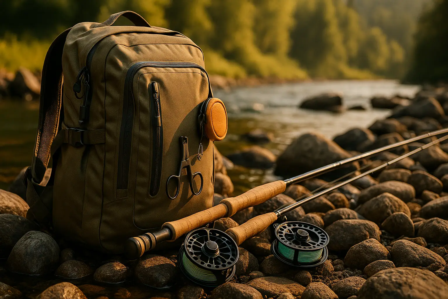 A rugged fly fishing backpack and fly rods resting on river rocks beside a flowing stream at sunset capturing an outdoor adventure setting