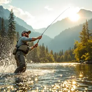 Fly fisherman demonstrates perfect casting technique during golden hour at a mountain stream showcasing essential form referenced in any comprehensive fly fishing glossary