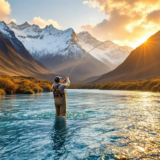 Fly fishing in Chile Angler casting in turquoise Patagonian river at sunset with snow capped Andes mountains in the background