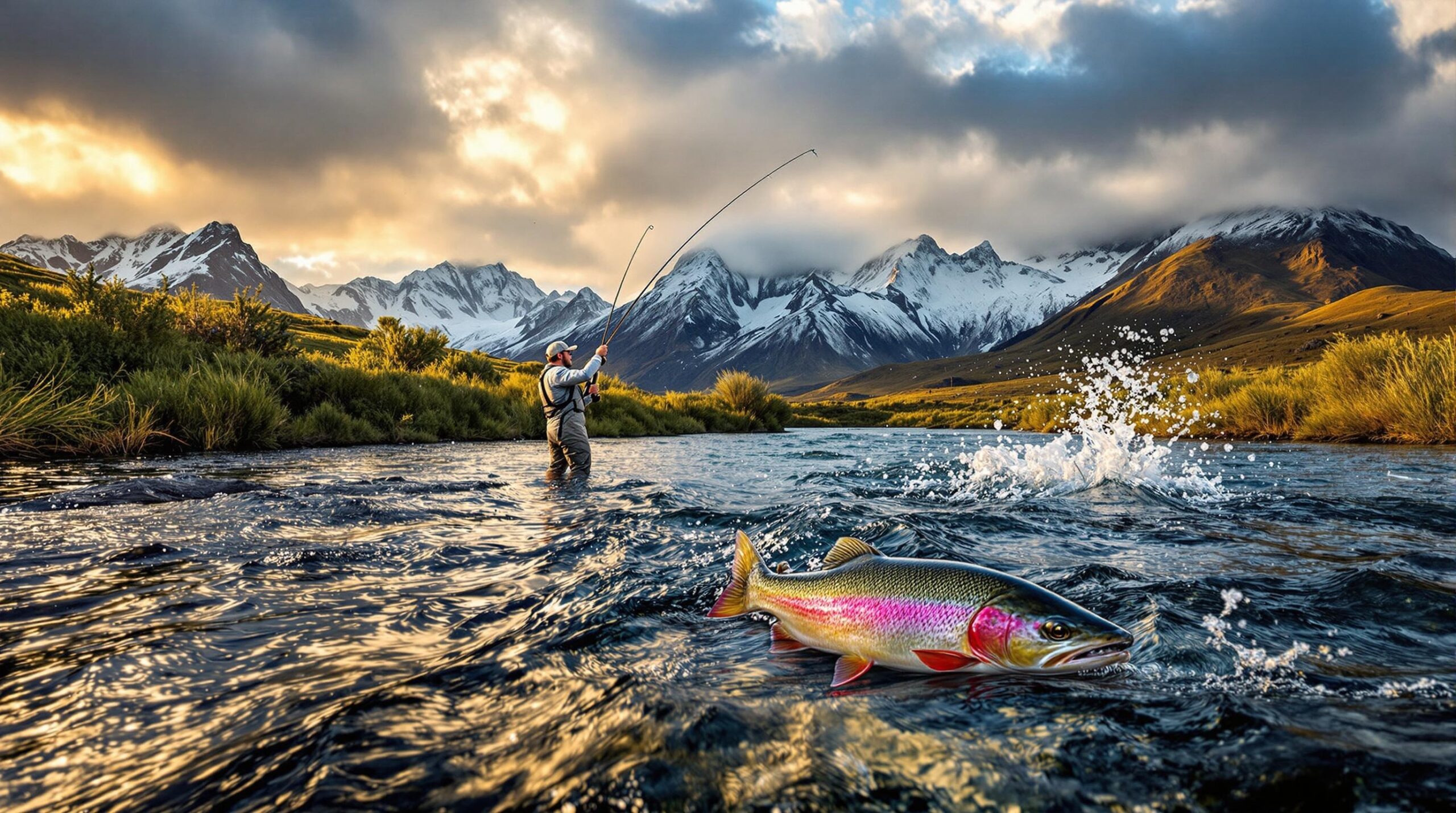 Fly fisherman casting in a crystal-clear river during golden hour, with rainbow trout jumping nearby and snow-capped Andes mountains in the background, showcasing the pristine wilderness of fly fishing in Patagonia Argentina. 
