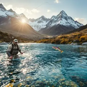Fly fisherman casting in the golden hour light on a crystal-clear river in Patagonia, Argentina, with snow-capped Andes mountains in the background and a jumping rainbow trout nearby.