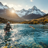 Fly fisherman casting in the golden hour light on a crystal clear river in Patagonia Argentina with snow capped Andes mountains in the background and a jumping rainbow trout nearby