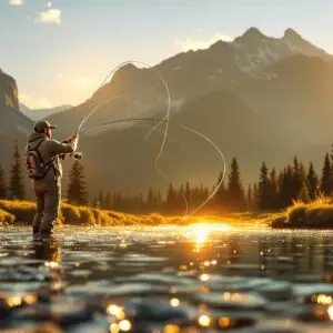 Angler casting in a mountain stream at sunset demonstrating proper technique with professional equipment   fly fishing glossary reference for beginners learning the art
