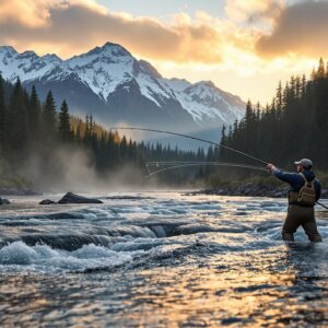 Fly fisherman casting spey rod during Skagit River fly fishing at golden hour dawn with snow-capped North Cascade mountains and misty Pacific Northwest forest in background