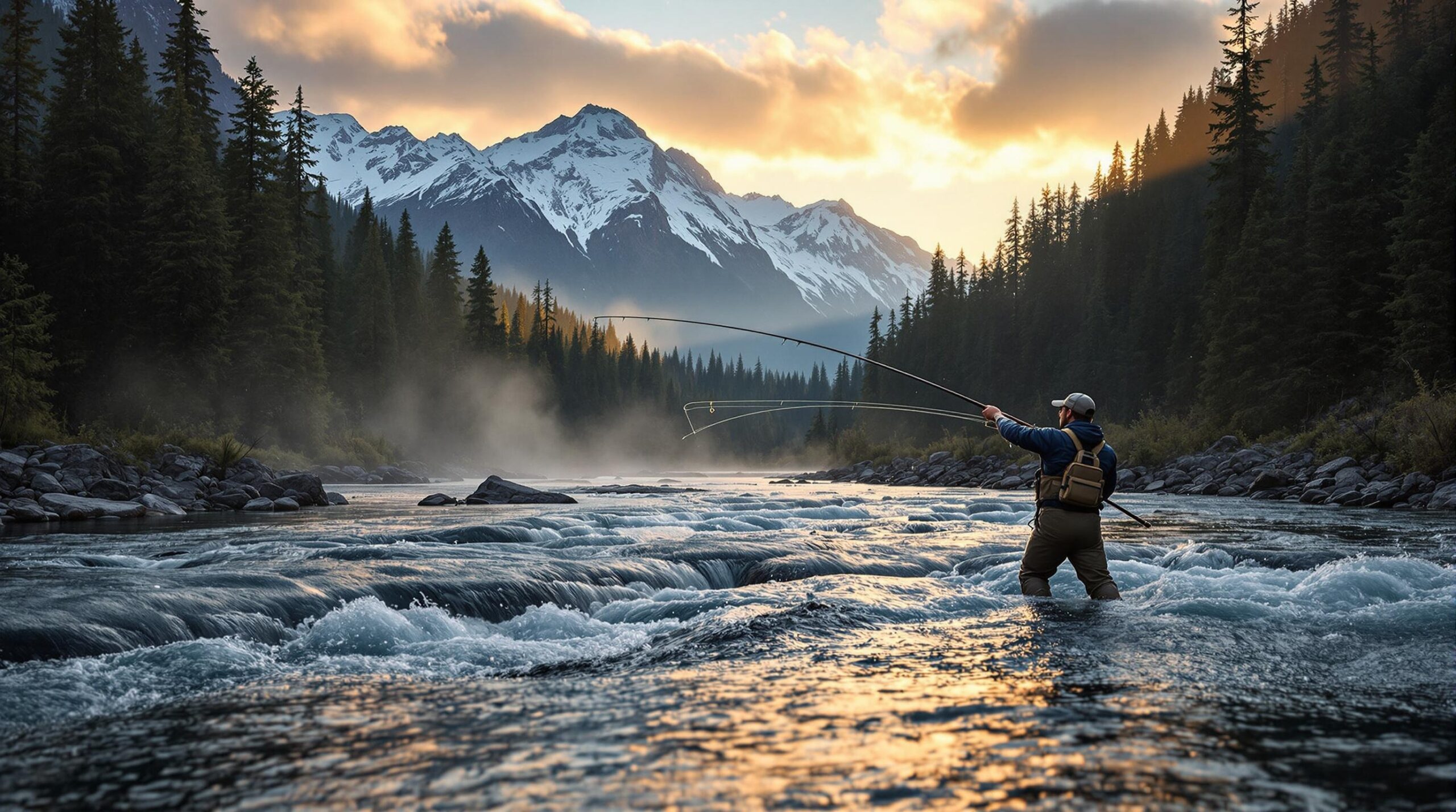 Fly fisherman casting spey rod during Skagit River fly fishing at golden hour dawn with snow capped North Cascade mountains and misty Pacific Northwest forest in background