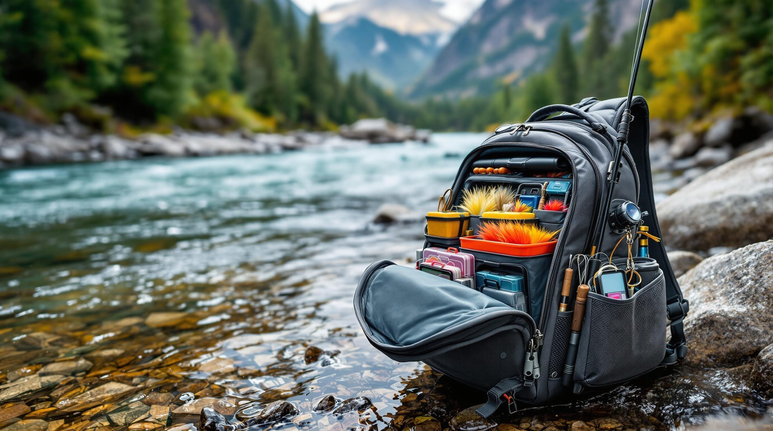 Premium water-resistant sling pack among fly fishing bags showcased beside a mountain stream, featuring organized compartments with colorful fly boxes and fishing tools.