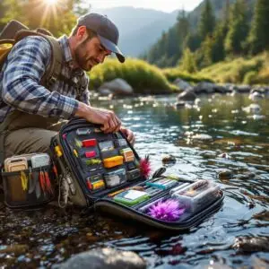 Fly angler organizing tackle in premium water-resistant fly fishing bags beside a clear mountain stream during golden hour, with neatly arranged fly boxes and tools.
