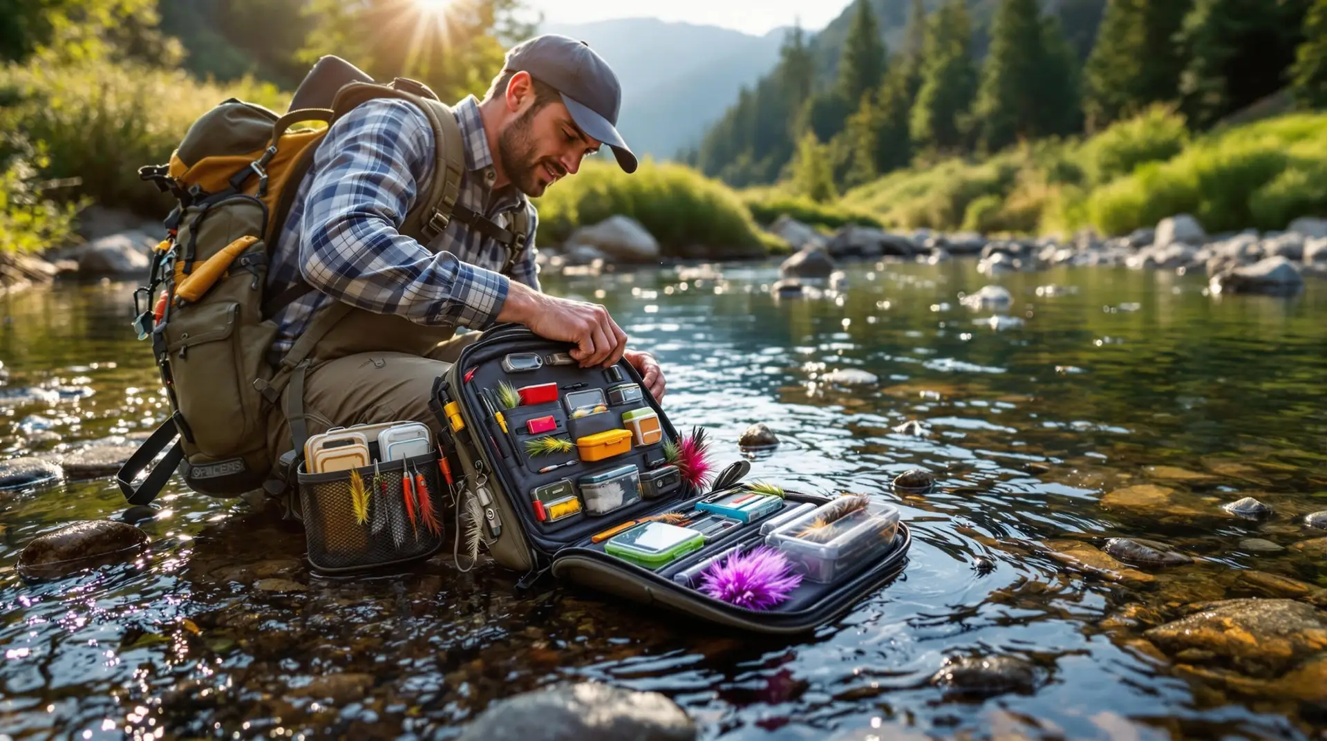 Fly angler organizing tackle in premium water resistant fly fishing bags beside a clear mountain stream during golden hour with neatly arranged fly boxes and tools