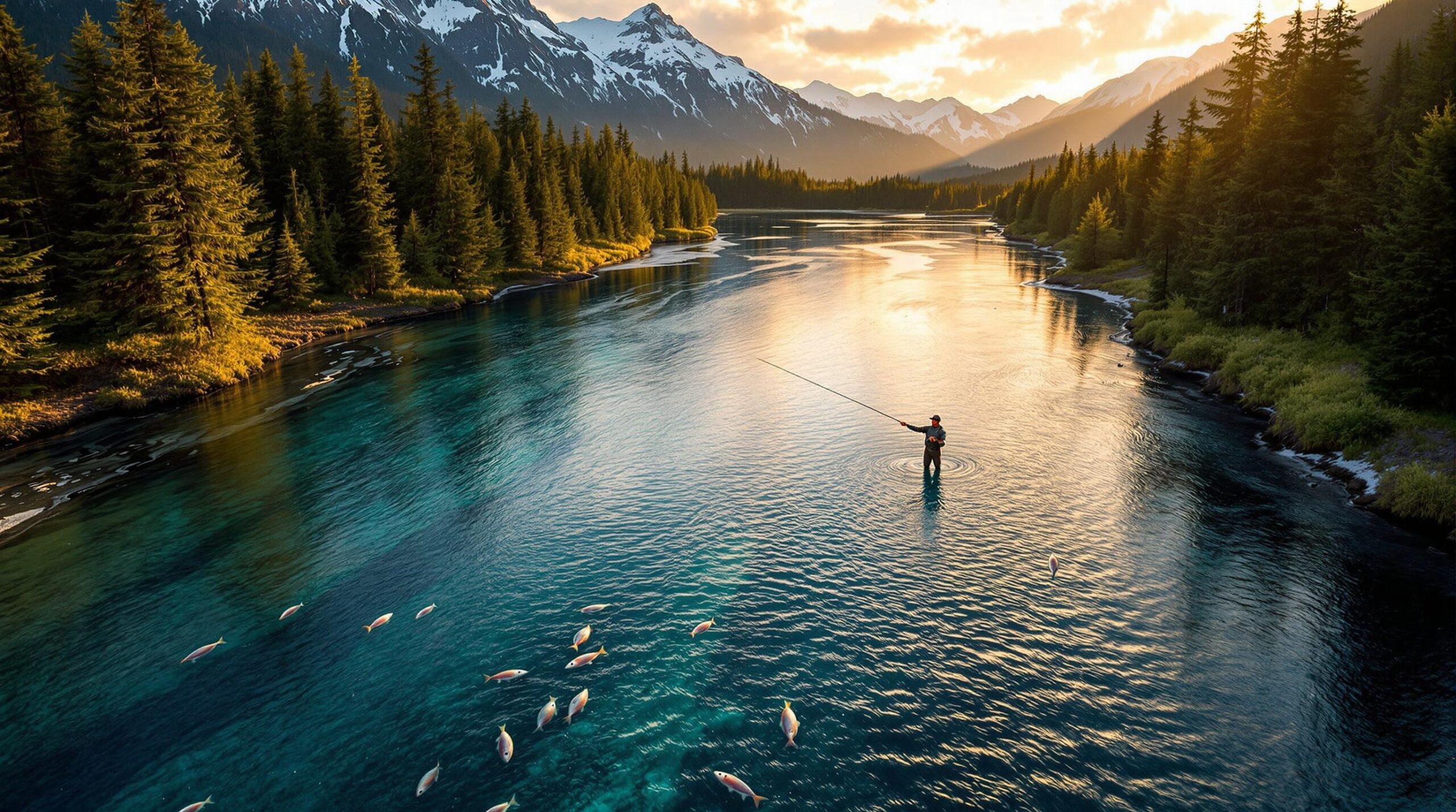 Fly fisherman casting in a crystal clear British Columbia river at sunset, surrounded by snow-capped mountains and evergreen forests, with salmon visible beneath the surface - fly fishing in British Columbia. 