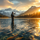Silhouetted fly fisherman casting a line in a pristine British Columbia river at sunset with fly fishing in British Columbias wilderness showcased against snow capped mountains and salmon visible beneath the golden lit water surface