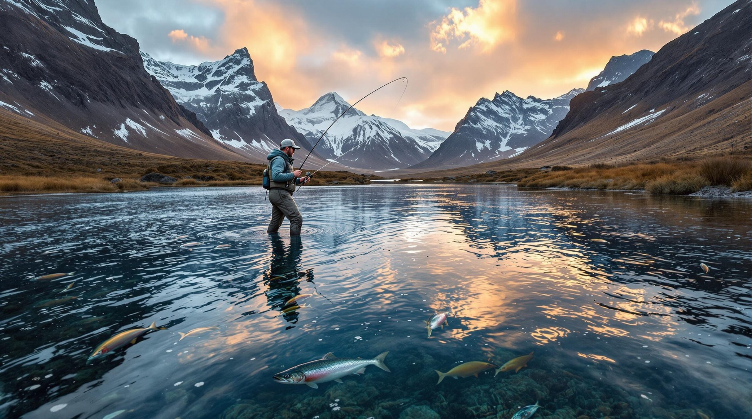 A fly fisherman casting in a crystal clear Icelandic river at sunset, with dramatic volcanic mountains and snow-capped peaks reflected in the water. Atlantic salmon swim upstream as golden light illuminates the scene, showcasing the pristine landscape of fly fishing in Iceland.