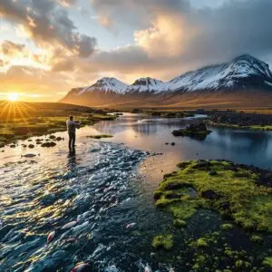 Aerial view of a solitary angler fly fishing in Iceland during golden hour, casting into a crystal-clear river where salmon swim beneath reflections of snow-capped volcanic mountains.