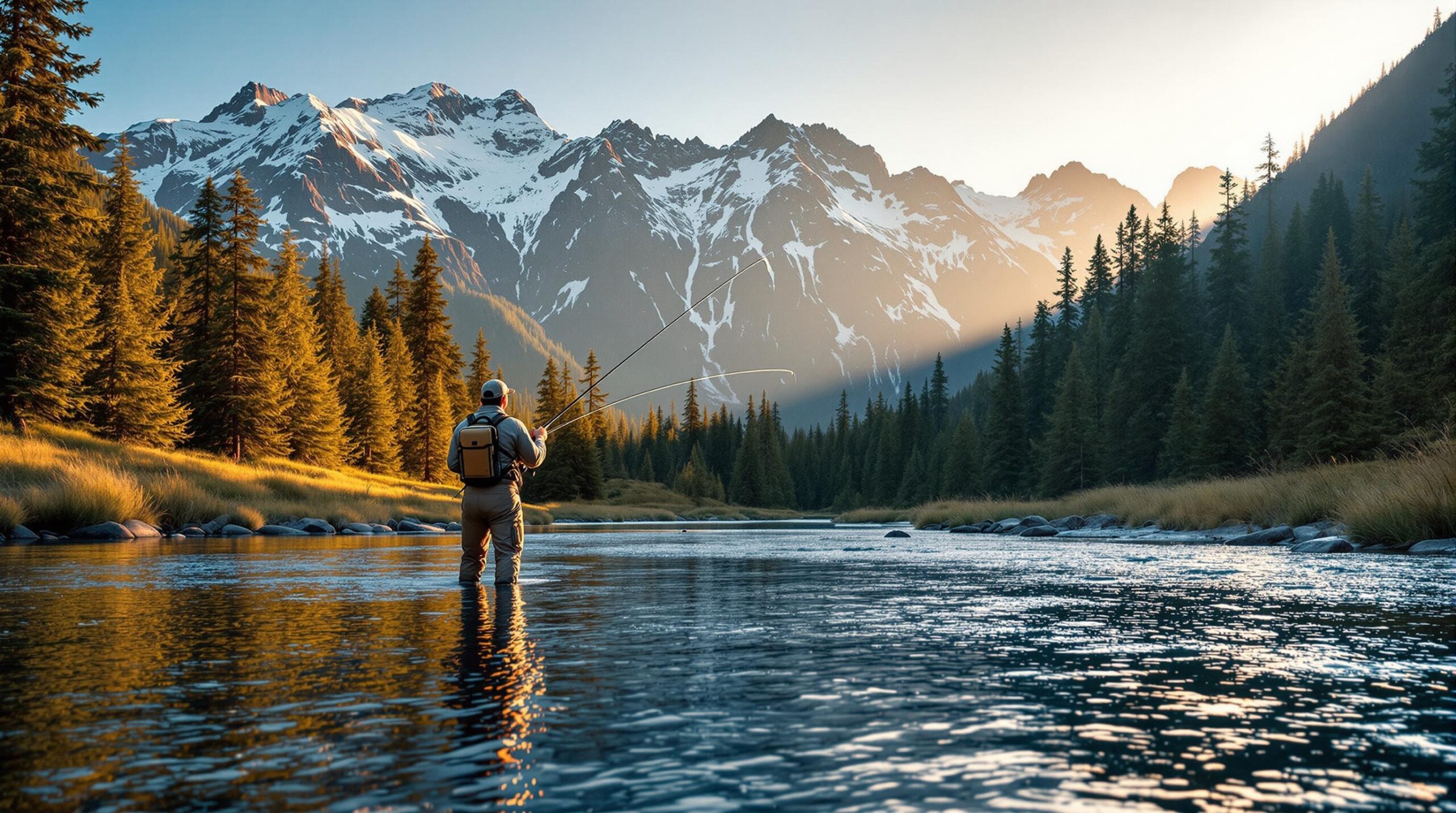 Fly fisherman casting rod while standing in crystal-clear waters during Methow River fly fishing excursion, surrounded by snow-capped peaks and pine forests in Washington's wilderness landscape at golden hour.
