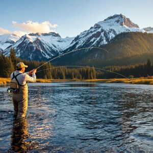 Professional angler demonstrates fly casting technique during Methow River fly fishing session, surrounded by snow-capped North Cascade mountains and pine forests in golden hour light.