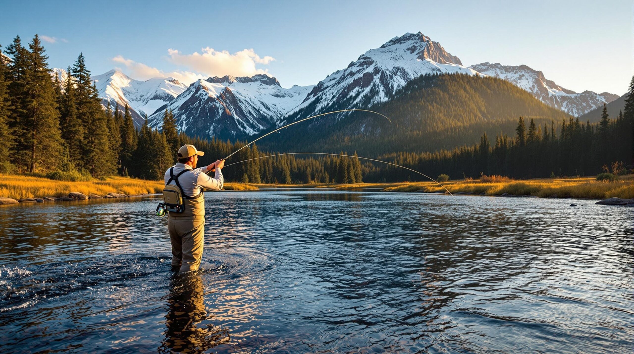 Professional angler demonstrates fly casting technique during Methow River fly fishing session surrounded by snow capped North Cascade mountains and pine forests in golden hour light