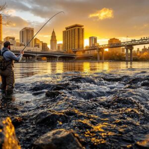 Fly angler casting into Spokane River fly fishing spot with downtown city skyline and bridges visible during golden hour sunset lighting.