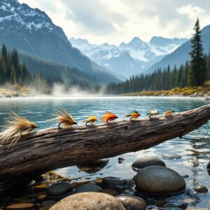 Five best Washington fly patterns including Woolly Bugger, Adams, and Elk Hair Caddis displayed on driftwood beside a pristine mountain river with snow-capped Cascade peaks in the background.