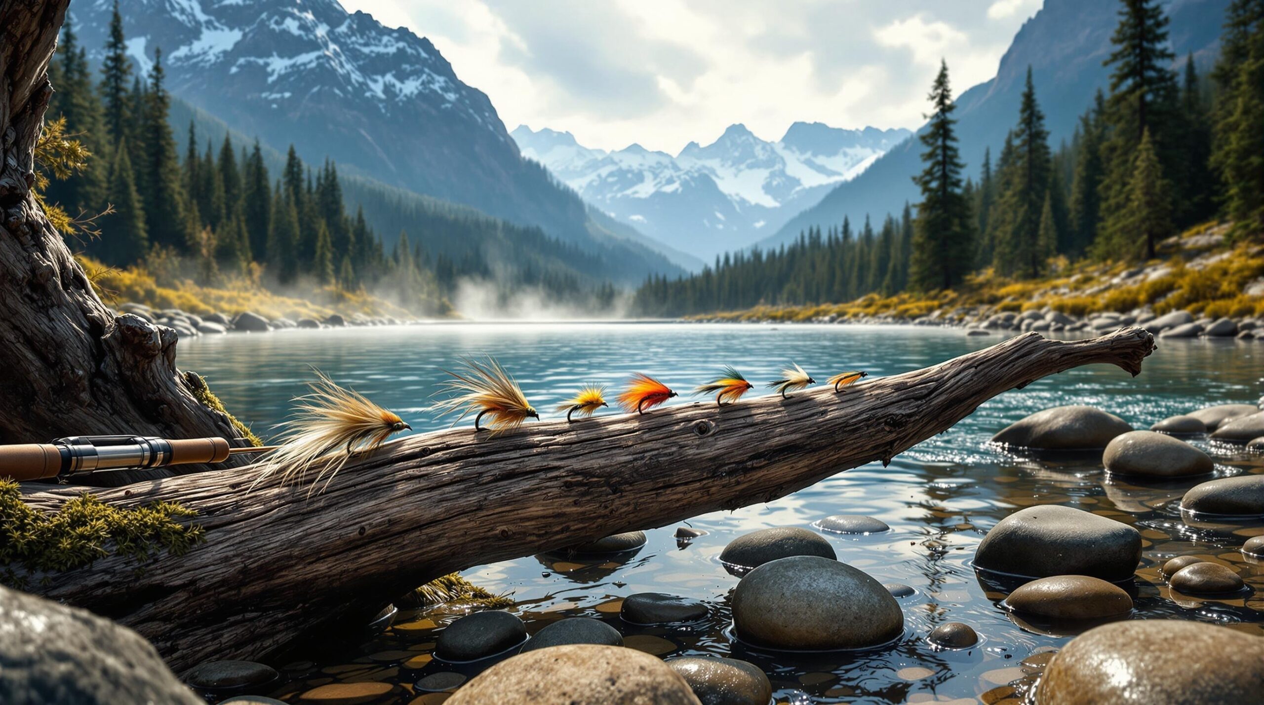 Five best Washington fly patterns including Woolly Bugger Adams and Elk Hair Caddis displayed on driftwood beside a pristine mountain river with snow capped Cascade peaks in the background