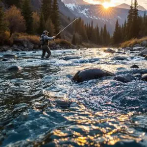 flyfishingglossaryseriespart4riverfeaturesandwaterreadingterms | Hooked on Fly Fishing Fly fisherman casting in a mountain river at golden hour demonstrating key terms from a fly fishing glossary including riffles runs pools eddies and feeding lanes where trout hold