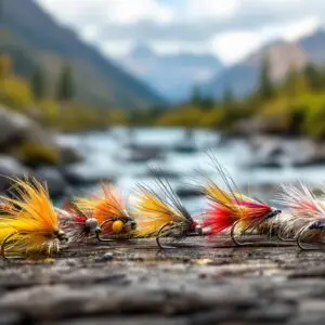 Close up of assorted colorful fly fishing lures arranged on wood showcasing various fly types used in fly fishing glossary including dry flies nymphs and streamers with a blurred mountain stream background