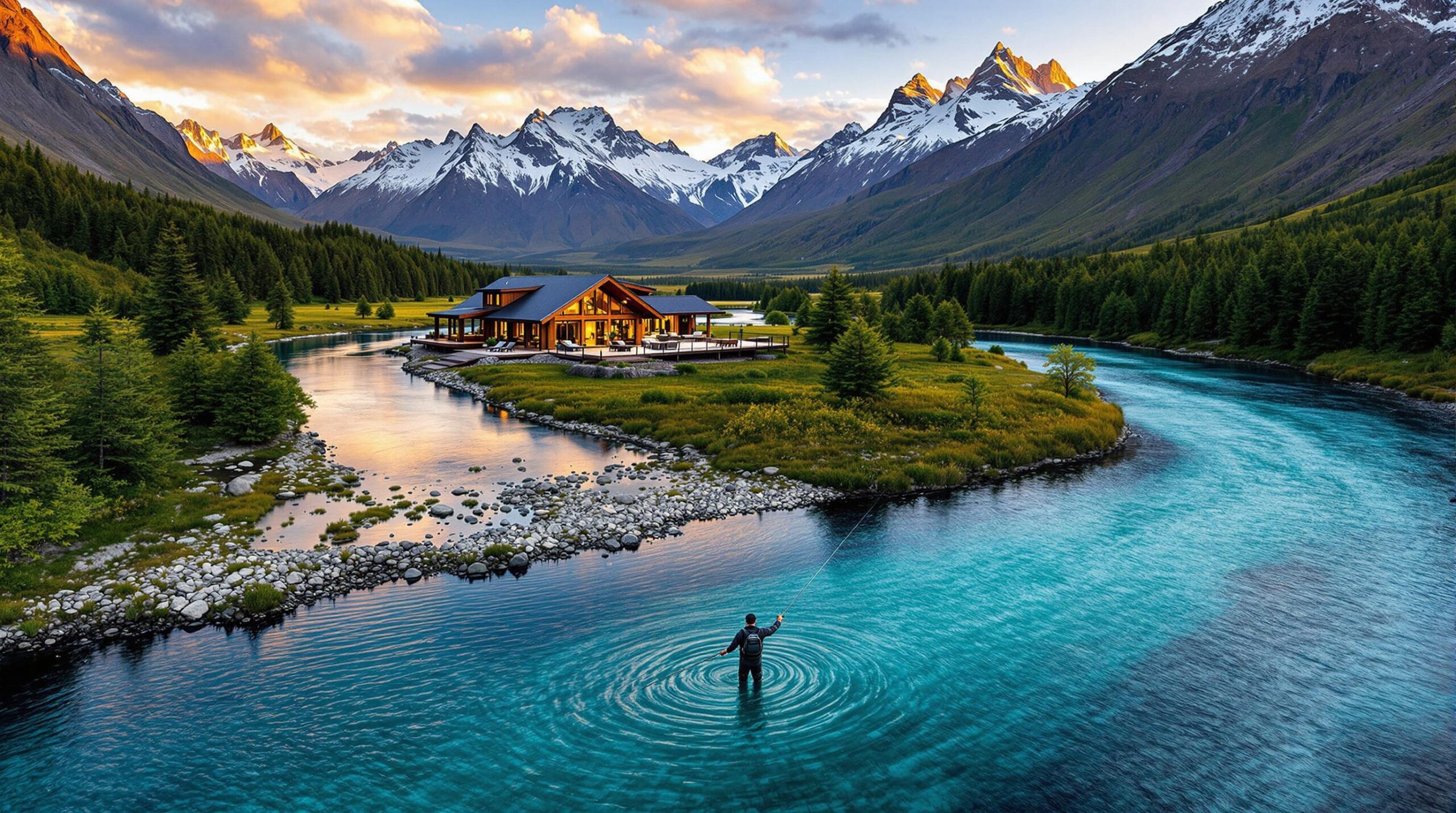Aerial view of one of the premier fly fishing lodges in Chile, situated alongside a turquoise river with an angler casting in the foreground, surrounded by snow-capped Patagonian mountains and lush forests at golden hour. 