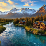 Aerial view of one of the premium fly fishing lodges in Chile showing a wooden lodge surrounded by Patagonian wilderness with a fisherman casting in a turquoise river at sunset as snow capped Andean mountains glow in the background